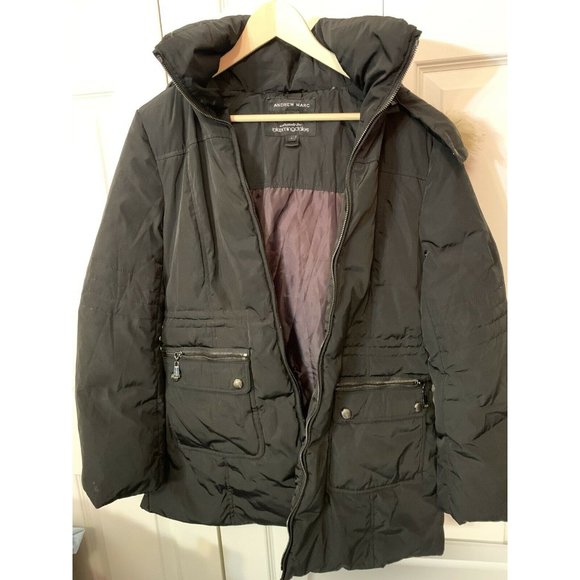 ANDREW MARC For BLOOMINGDALES Black COYOTE FUR HOODED Women’s COAT Sz L - Picture 4 of 8